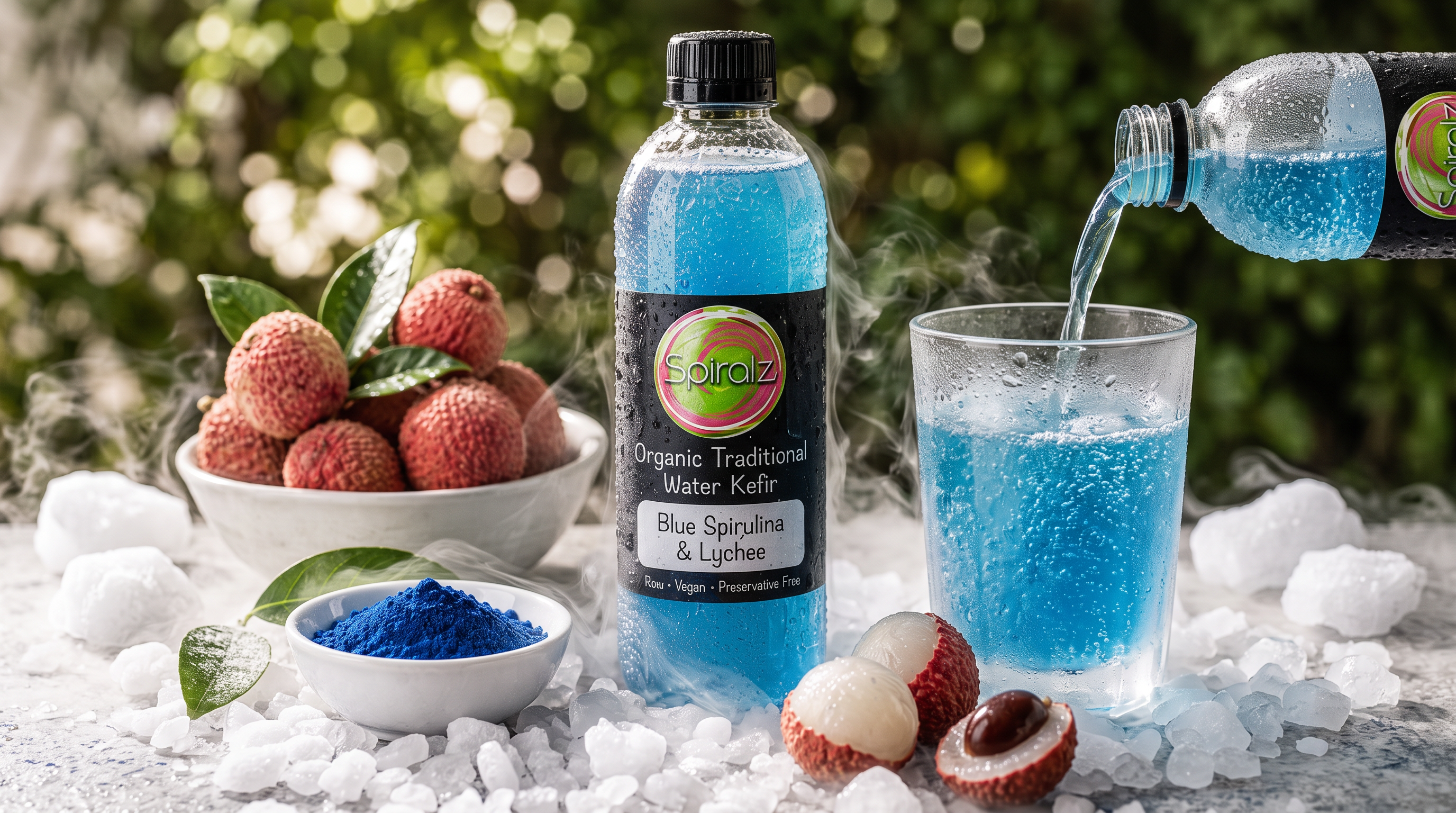 Icy blue spirulina water kefir with organic ingredients