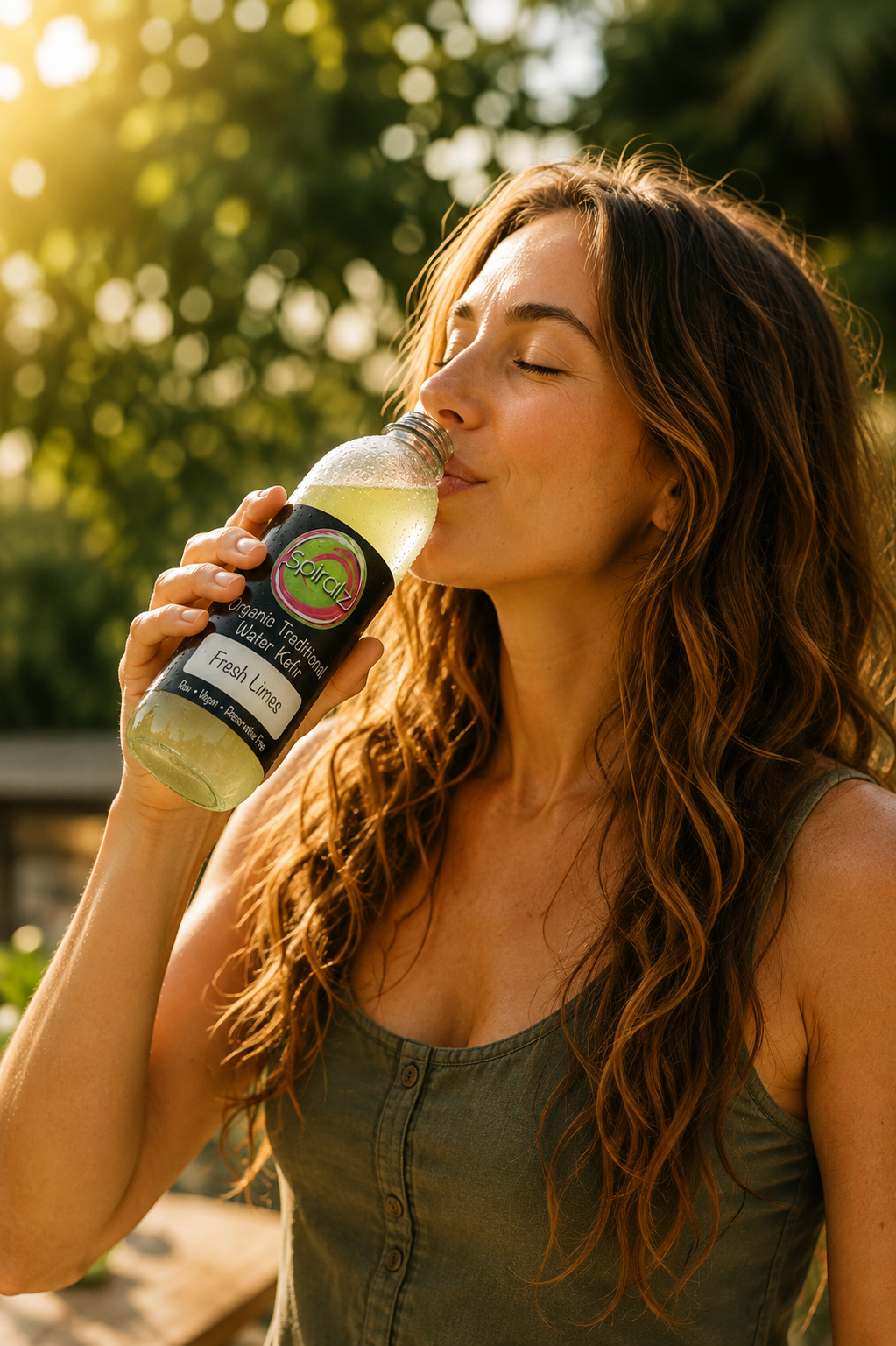 A woman enjoying the aroma of fresh water kefir