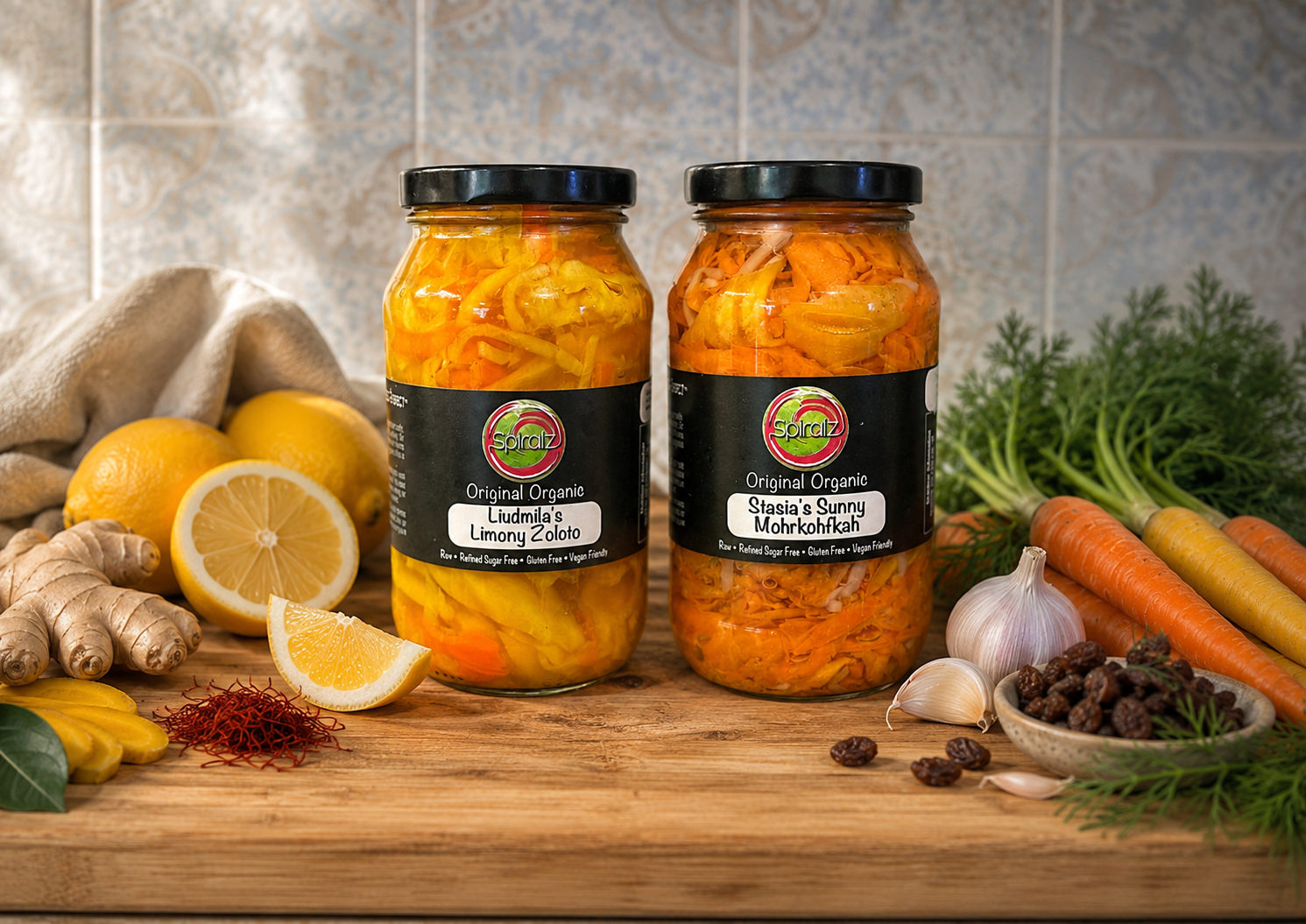 Golden Twins Duo jars with lemon, ginger, garlic and carrots