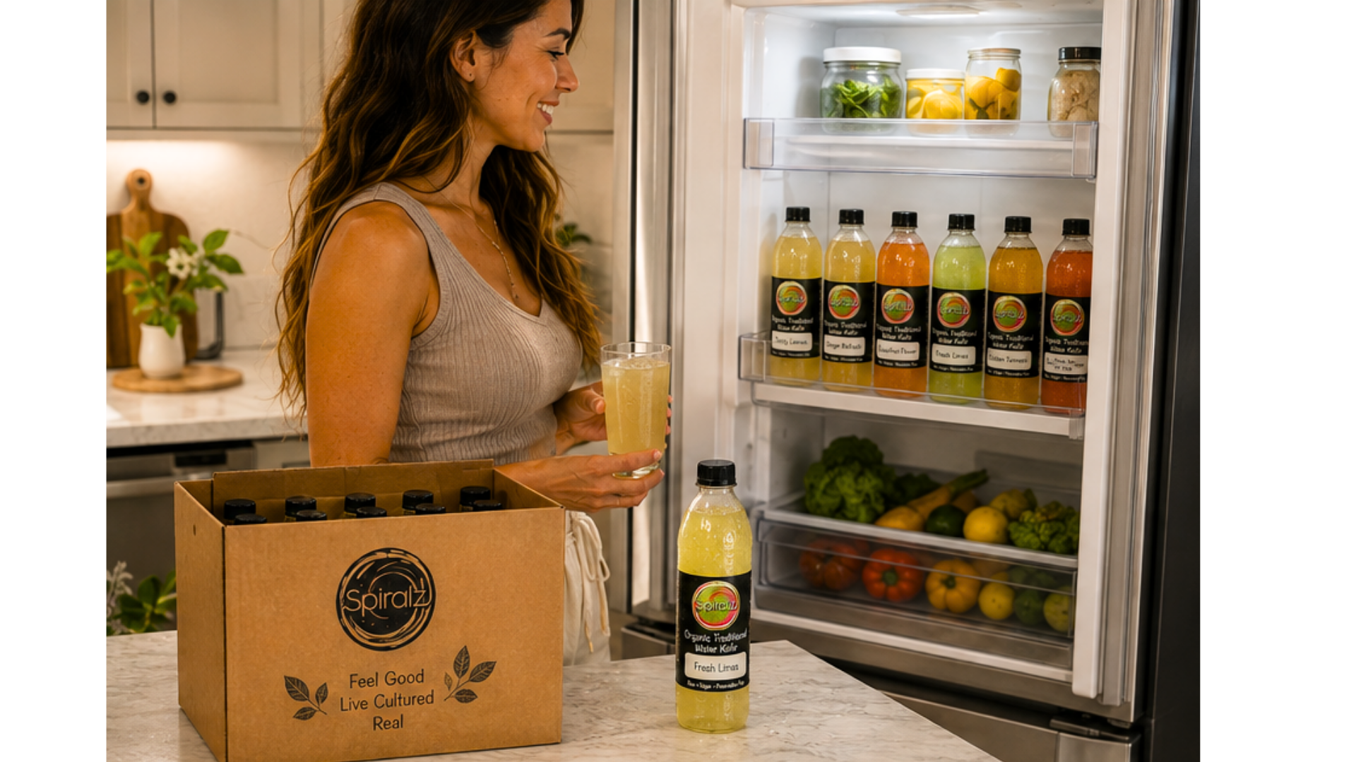 Spiralz water kefir bottles stored cold in a fridge